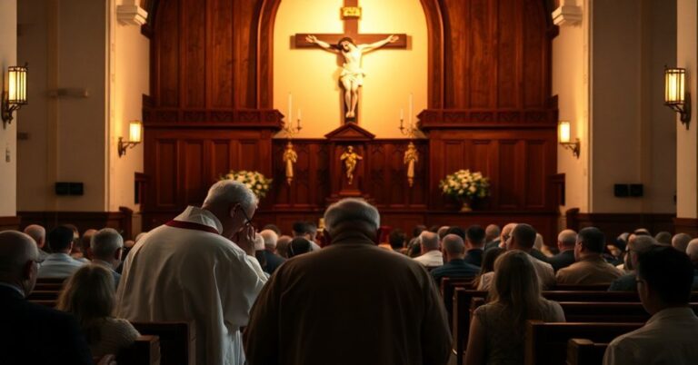 Tradycyjny wnętrze kościoła z kapłanem w spowiedzi, skupionym w modlitwie. Ołtarz z krzyżem Chrystusa. Wierni klękają w czci i pokucie.