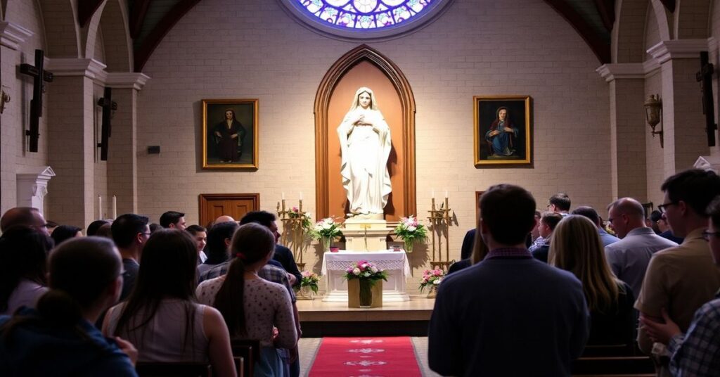 Młodzi katolicy modlący się przed figurą Matki Bożej w tradycyjnym kościele podczas warsztatów bioetycznych na temat aborcji i transpłciowości.