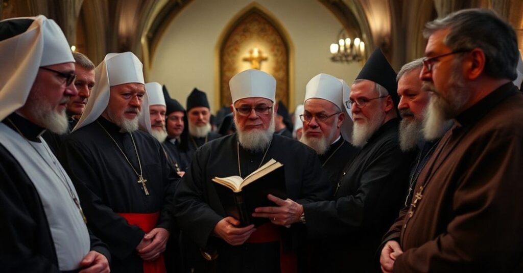 Prawosławni franciszkanie w habitach zbierają się w Kalwarii Zebrzydowskiej podczas wigilii Bożego Narodzenia. Serdeczne wyrażenia twarzy i poważna atmosfera podkreślają kontrast między tradycyjnymi wartościami katolickimi a nowoczesnymi odchyleniami.