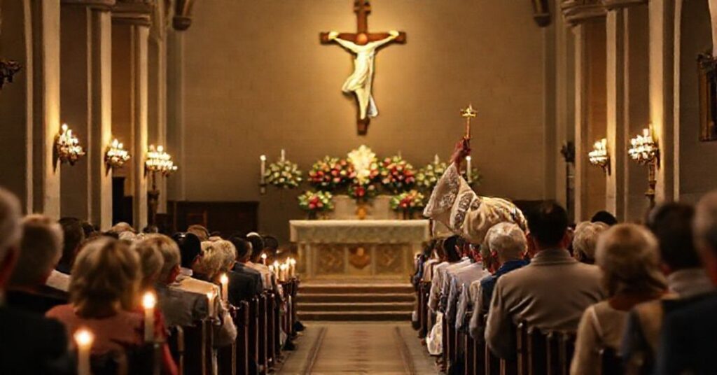 Tradycyjna Msza św. w kaplicy z kapłanem podnoszącym Hostię podczas Konsekracji w otoczeniu klęczących wiernych.