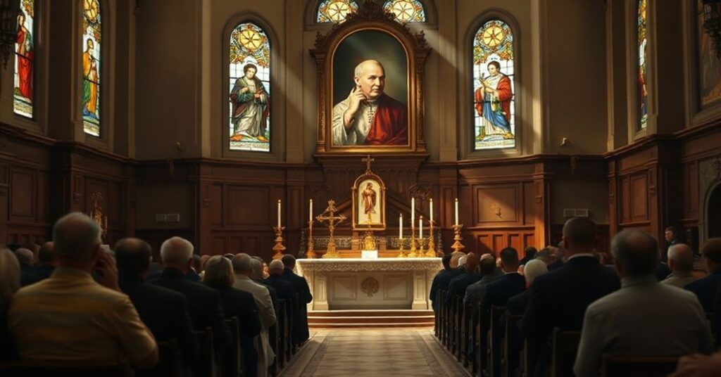 Tradycyjna msza święta w intencji ofiar komunizmu z wiernymi modlącymi się w kościele.