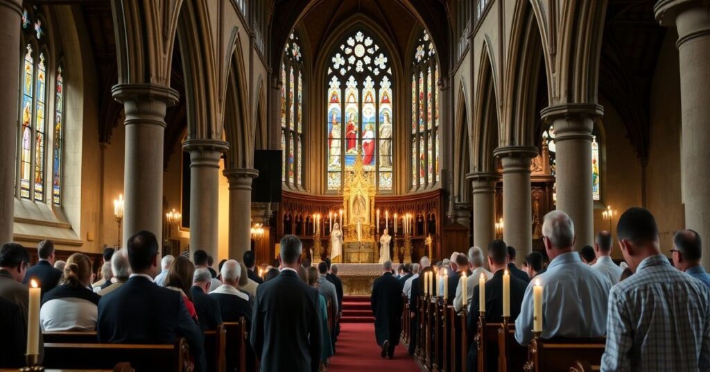 Tradycyjna Msza św. w historycznym kościele w Londynie z wiernymi modlącymi się w głębokim nabożeństwie