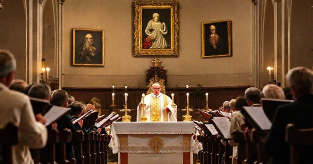 Tradycyjna msza katolicka z muzykami w kościele w Strachocinie