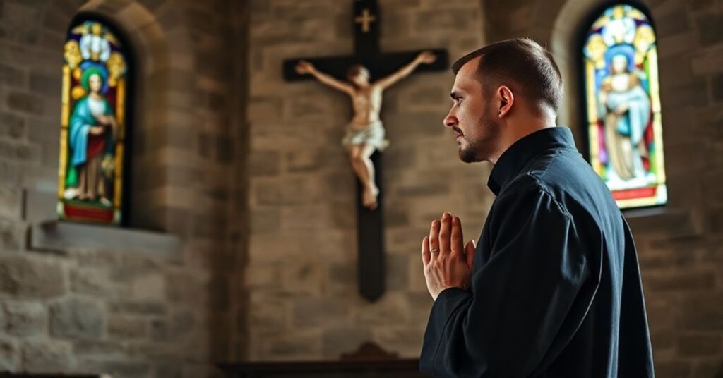 Suchenie katolicki mnich w habitach modli się przed krzyżem w tradycyjnym kościele.