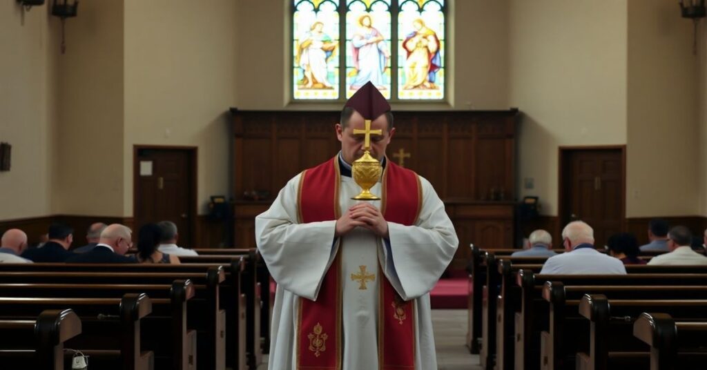 Katolicki kapłan w tradycyjnych szatach liturgicznych przed ołtarzem z Najświętszym Sakramentem