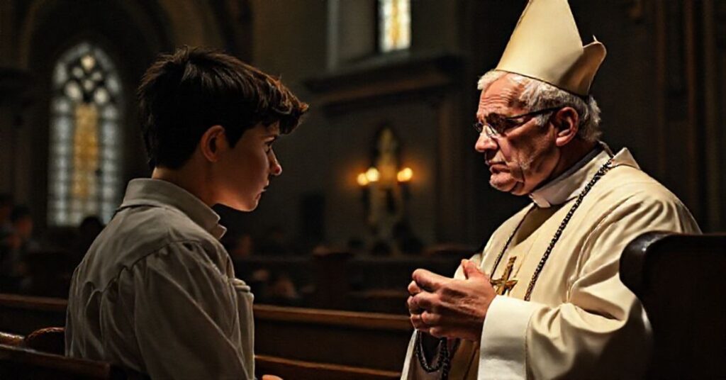 Tradycyjny ksiądz w konfesjonałach słuchający młodzieńca w ciemnym wnętrzu kościoła