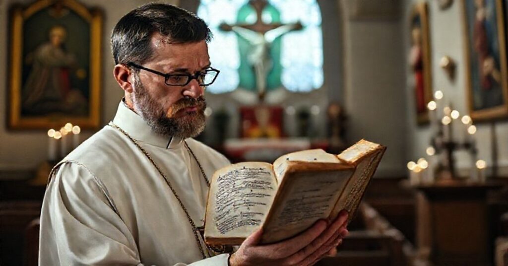 Tradycyjny ksiądz w kapturze i surply modli się przy brewiarzu z Psalmem 31 na tle kaplicy z wotami i krzyżem. Scena symbolizuje autentyczną katolicką pobożność.