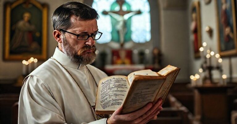 Tradycyjny ksiądz w kapturze i surply modli się przy brewiarzu z Psalmem 31 na tle kaplicy z wotami i krzyżem. Scena symbolizuje autentyczną katolicką pobożność.