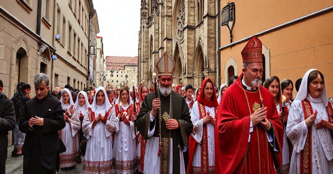 Procesja katolicka modlącąca się różańcem w Gnieźnie przed gotycką katedrą, z silnym akcentem na tradycyjną wiarę i pokutę