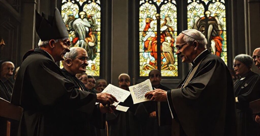 Zdjęcie przedstawiające tradycyjny katolicki ceremoniał z udziałem polskich i niemieckich "biskupów" w kościele, podkreślające dramat i kontrowersje związane z ekumenicznym gestem z 1965 roku.