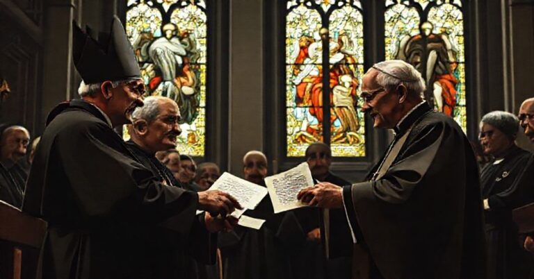 Zdjęcie przedstawiające tradycyjny katolicki ceremoniał z udziałem polskich i niemieckich "biskupów" w kościele, podkreślające dramat i kontrowersje związane z ekumenicznym gestem z 1965 roku.