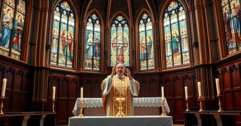 Sytuacja liturgiczna w tradycyjnym kościele katolickim z kapłanem podczas Eucharystii, podkreślająca wiarę i pobożność w duchu katolickim.