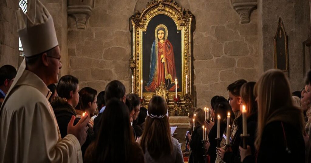 Tradycyjna pielgrzymka młodzieży katolickiej na Jasną Górę przed ikoną Czarną Madonną z modlitwą i poświęceniem.