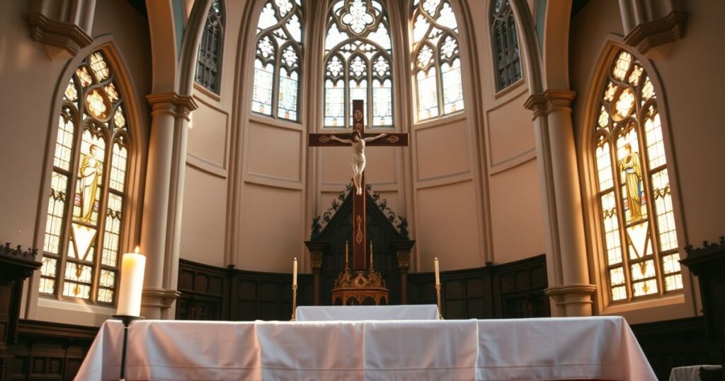 Rekolekcje katolickie przy tradycyjnym ołtarzu z krzyżem, świecami i liturgiczną szatą, ukazujące duchową głębię i szacunek do tradycji Kościoła katolickiego.