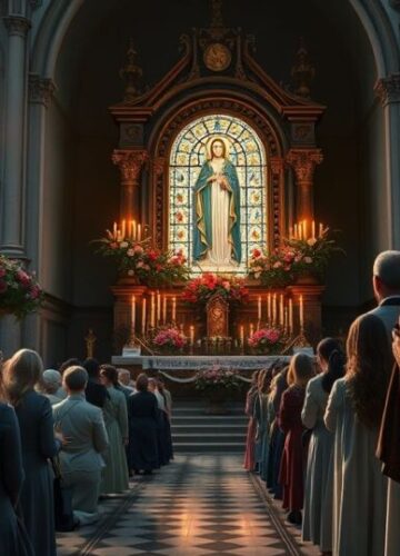 Realistyczny obraz katolickiej pielgrzymki w tradycyjnym sanktuarium Realistyczne katolickie pielgrzymowanie w tradycyjnym sanktuarium, z wiernymi modlącymi się przy ołtarzu maryjnym, świecami i kwiatami, w atmosferze powagi i głębokiej wiary.