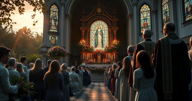 Realistyczne katolickie pielgrzymowanie w tradycyjnym sanktuarium, z wiernymi modlącymi się przy ołtarzu maryjnym, świecami i kwiatami, w atmosferze powagi i głębokiej wiary.