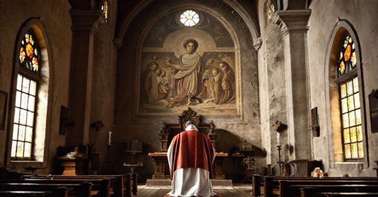 Tradycyjny ksiądz w liturgicznym stroju modli się w starym kościele katolickim otoczony relikwiami i archeologicznymi przedmiotami