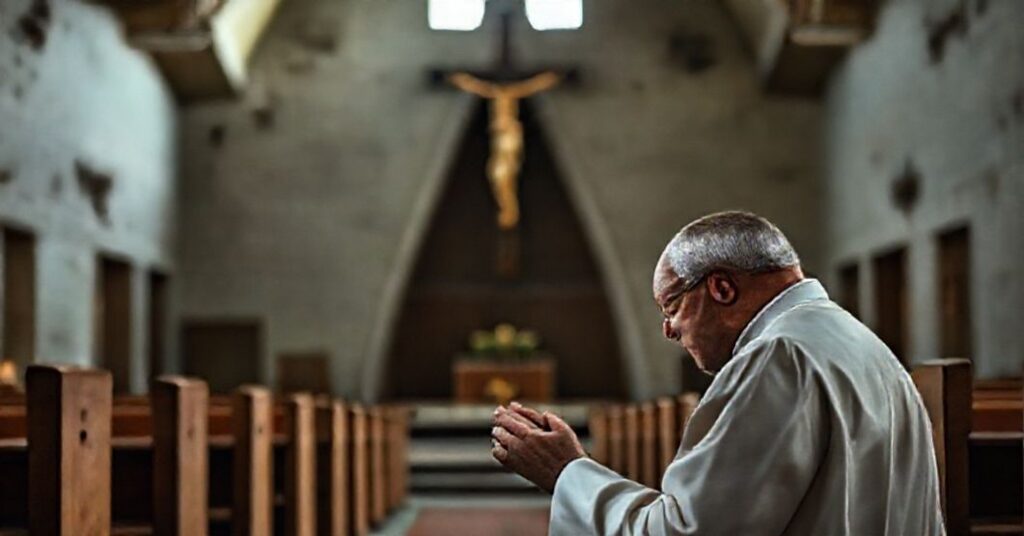 Tradycyjny kapłan modli się w kaplicy przed krzyżem w tle nowoczesnej architektonii kościelnej.