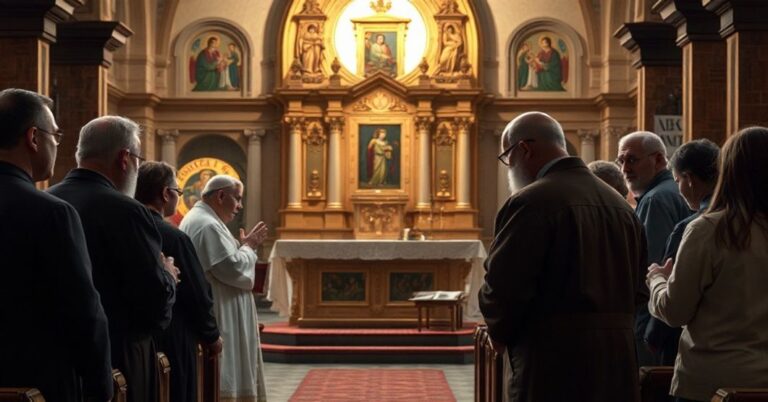 Wnętrze tradycyjnego kościoła katolickiego z grupą wiernych i duchownych dyskutujących na tle ołtarza