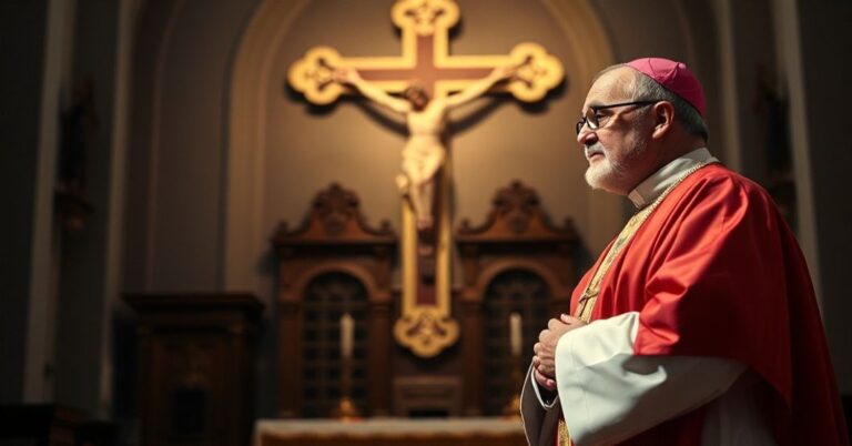 Tradycyjny biskup w stroju liturgicznym modli się przed krzyżem w kościele, symbolizując głęboką wiarę i tradycję katolicką w kontekście ochrony małoletnich.