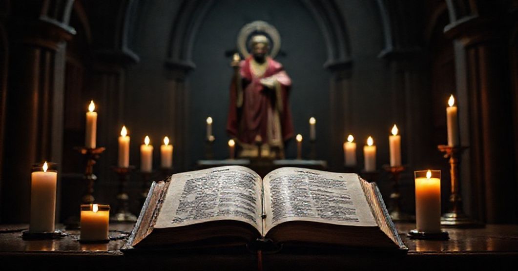 Solemne tradycyjne katolickie ołtarz z rzeźbą Świętego Maksymiliana Kolbego otoczoną świecącymi lampkami. Przy ołtarzu leży stary, skórzany tom Katechizmu Soboru Trydenckiego otwarty na nauce o męczeństwie. Scena jest w ramie ciemnego gotyckiego łuku symbolizującego niezmienne prawdy Wiary w tle modernistycznych deformacji.