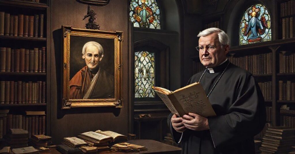 Obraz przedstawiający tradycyjną bibliotece katolicką z portretem Benedykta XVI i księdzem trzymającym encyklikę Pascendi Dominici Gregis.