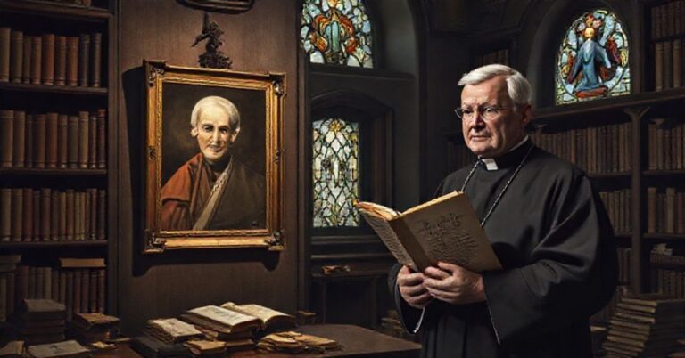 Obraz przedstawiający tradycyjną bibliotece katolicką z portretem Benedykta XVI i księdzem trzymającym encyklikę Pascendi Dominici Gregis.