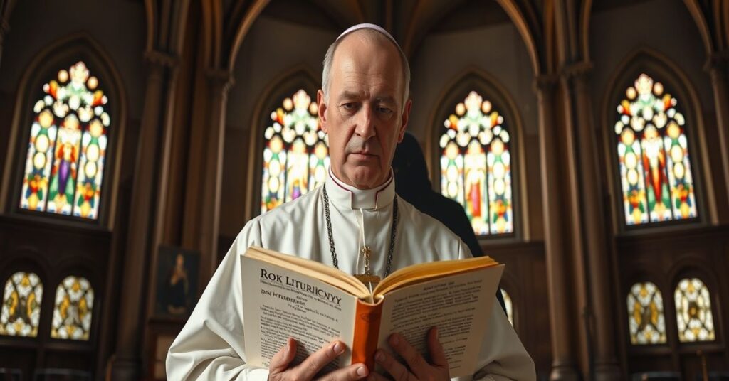 Mężczyzna w tradycyjnej katolickiej szacie czyta książkę 'Rok Liturgiczny' Doma Prospera Guérangera w katedrze, symbolizując prawdziwą tradycję wobec herezji współczesnego Kościoła.