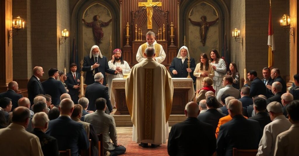 Sobótni obraz tradycyjnej katolickiej liturgii podważanej przez nowoczesne innowacje. Na pierwszym planie stoi poważny kapłan w tradycyjnych szatach liturgicznych przy ołtarzu otoczony klęczącymi wiernymi. Za nim widzimy „biskupa” Piotra Gregera nadzorującego chaos praktyk neokatechumenalnych: ludzi siedzących w kole przyjmujących Komunię Świętą, świeckich prowadzących katechezę i zatwierdzania nowej litanii. Kontrast między poważną tradycyjną liturgią a burzliwymi nowoczesnymi zmianami jest ostry, ze starym ołtarzem kontrastującym z nieformalnymi elementami nowoczesnymi.