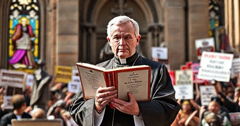 Tradycyjny katolicki ksiądz w stroju liturgicznym stoi obok kościoła z krucyfiksem w tle, symbolizując walczący Kościół z nowoczesnymi herezjami.