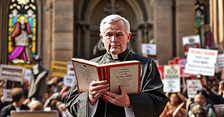 Tradycyjny katolicki ksiądz w stroju liturgicznym stoi obok kościoła z krucyfiksem w tle, symbolizując walczący Kościół z nowoczesnymi herezjami.