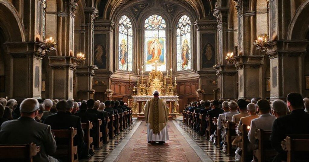 Wnętrze kościoła św. Jana Kantego w Kętach podczas tradycyjnej mszy trydenckiej z księżem w ornatyce i wiernymi na kolanach.