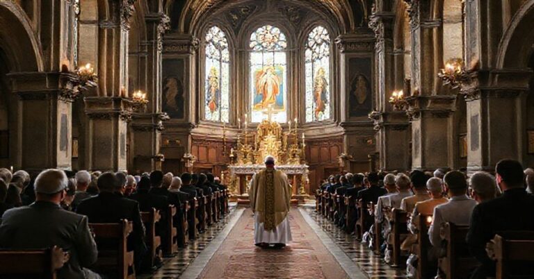 Wnętrze kościoła św. Jana Kantego w Kętach podczas tradycyjnej mszy trydenckiej z księżem w ornatyce i wiernymi na kolanach.
