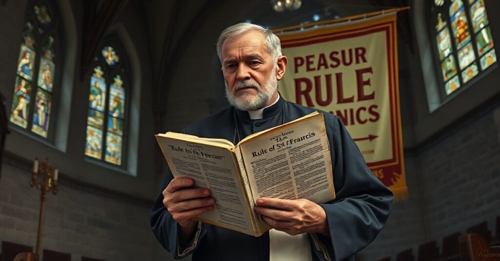 Ksiądz w tradycyjnym stroju kościelnym stoi przed modnym banerem z okazji "Roku św. Franciszka", wyrażając smutek z powodu deformacji wiary