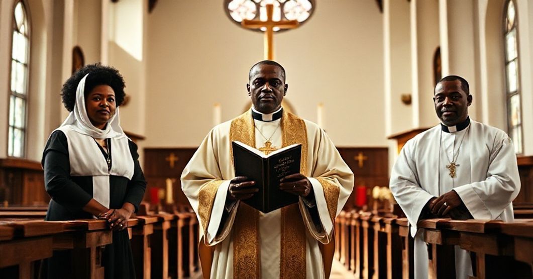 Tradycyjny wnętrze kościoła z księdzem w pełnym stroju liturgicznym przy ołtarzu, otoczonym przez dwie afroamerykańskie postacie. Scena jest oświetlona naturalnym światłem, podkreślając powagę i tradycję w kontrastzie z modernistycznymi elementami w tle.