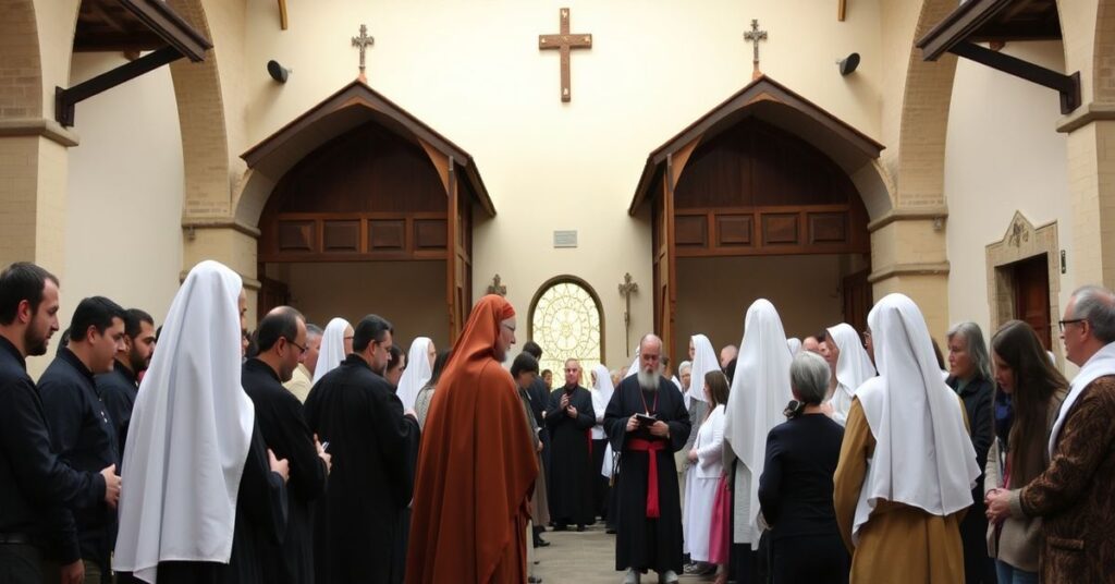 Tradycyjny klasztor z mnichami modlącymi się w habitach w porównaniu z nowoczesnymi zakonnikami w luźnym ubraniu podczas warsztatów ekumenicznych.