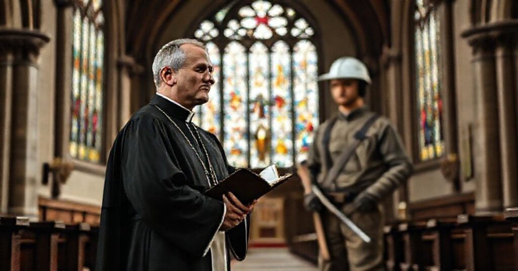 Tradacyjny ksiądz w szatach liturgicznych w porównaniu z nowoczesnym pracownikiem fizycznym w kościele