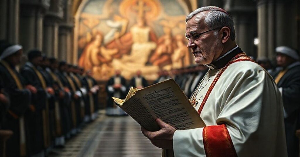 Mężczyzna w tradycyjnej szacie liturgicznej trzymający Nicejskie Wyznanie Wiary w katedrze, wyrazem twarzy wyraża głęboką troskę wobec modernistycznej deformacji doktryny