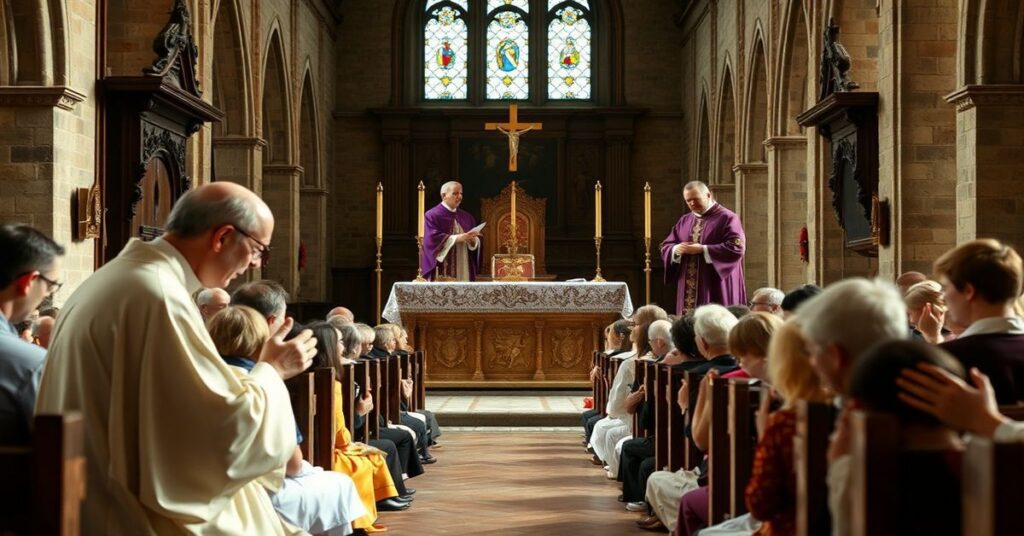 Tradycyjna msza katolicka w łódzkiej katedrze z kontrastem między tradycyjną komunią pod jedną postacią a nowo wprowadzoną praktyką pod dwiema postaciami.