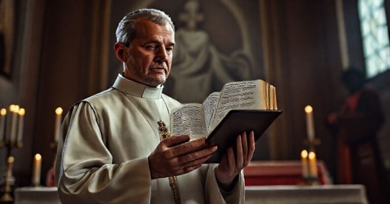 Tradycyjny ksiądz w sutannie trzyma stary Annuario Pontificio przed ołtarzem kościoła, obok nieśmiertelny tablet z nowoczesnego wydania