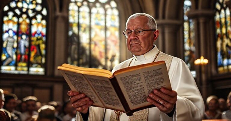 Tradycyjny ksiądz katolicki trzymający Wulgatę w klasycznym kościele romańskim.