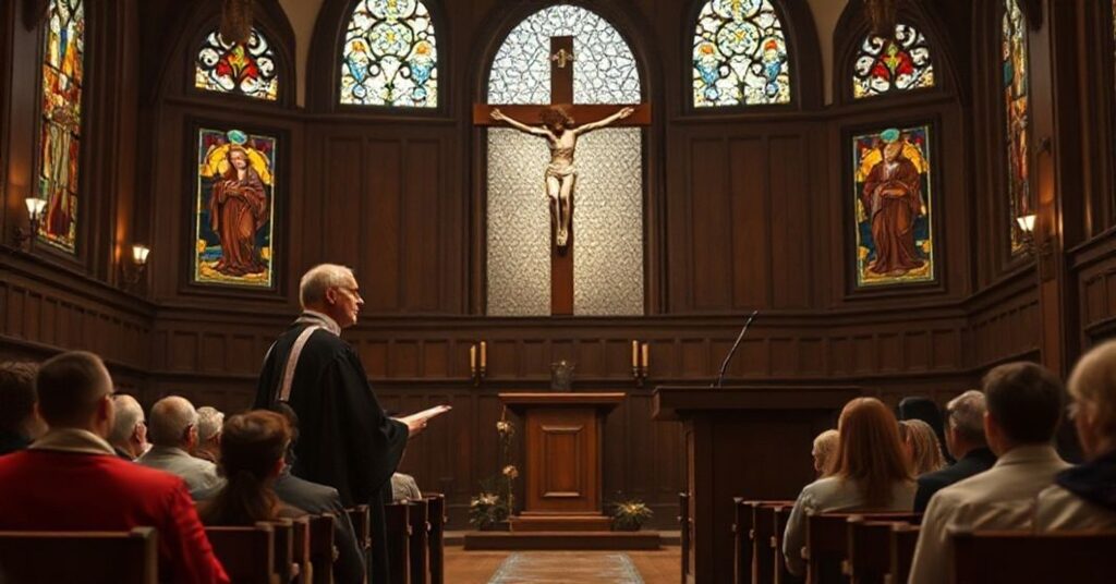 Człowiek w szacie kościelnej na katedrze w tradycyjnym kościelnym pomieszczeniu z krzyżem na tle