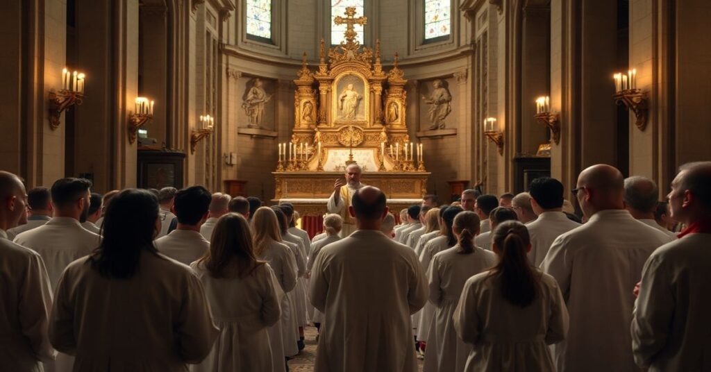 Scena wewnątrz kościoła Saint-Roch w Paryżu podczas Wigilii Paschalnej. Grupa 55 dorosłych chrzczonych w białych szatach klęczy przed ołtarzem Mszy łacińskiej. Kapłan podnosi Hostię podczas konsekracji.