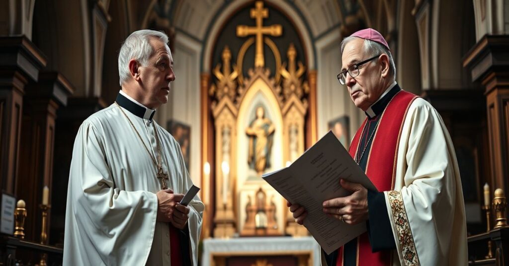 Tradycyjny ksiądz w ornacie przed ołtarzem stoi z troską patrząc na modernistycznego biskupa Stefana Ostera trzymającego heretyckie dokumenty w kościele pokrytym symbolami zdegradowanej nauki.