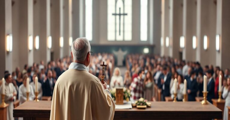 Katolicki ksiądz w tradycyjnych szatach liturgicznych stoi przed ołtarzem, trzymając krucyfiks, patrząc z troską na zgubione dusze w nowoczesnym kościele.