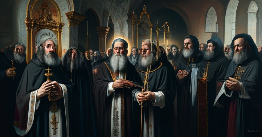 Tradycyjny ksiądz katolicki modli się w kościele w Częstochowie podczas ekumenicznego zgromadzenia