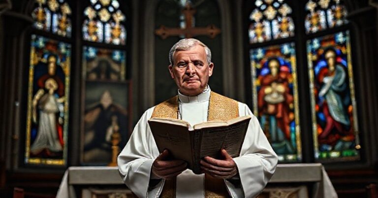 Ksiądz w tradycyjnym stroju kościelnym stoi przed ołtarzem z krzyżem, trzymając księgę Prawa Kanonicznego. W tle widoczne są kontrowersyjne mozaiki w stylu Marka Rupnika. Scena symbolizuje konflikt między tradycyjną doktryną a nowoczesnymi odchyleniami kościelnymi.