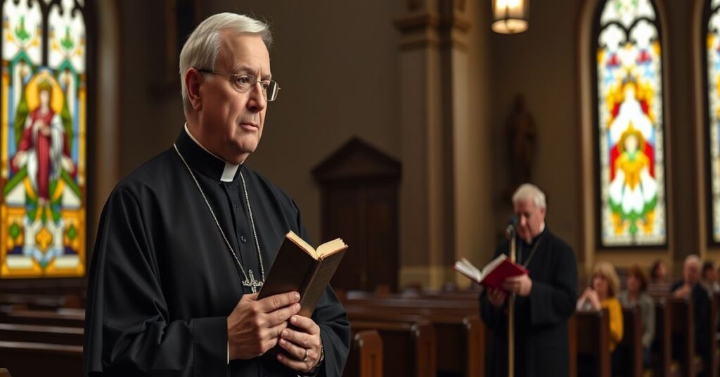 Tradycyjny ksiądz w habitach kościelnych stoi w kościele z witrażami, trzymając księgę Quas Primas. Obok niego nowoczesny 'kapłan' w nowych habitach rozmawia z grupą ludzi w świeckim otoczeniu.