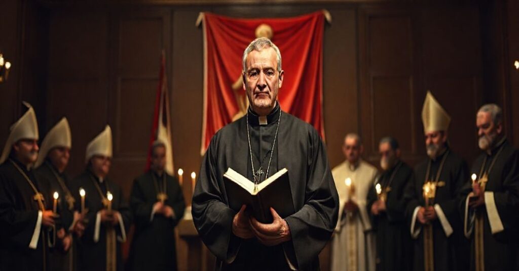 Stary kleryk w tradycyjnym stroju klerykałowym stoi przed grupą nowoczesnych "biskupów", przedstawiając konflikt między tradycyjną nauką katolicką a modernistyczną agendą neo-kościoła.