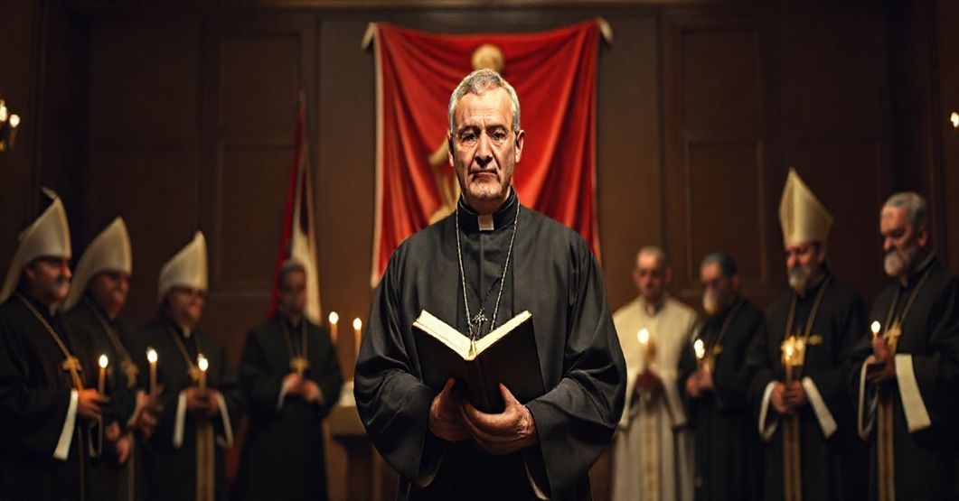 Stary kleryk w tradycyjnym stroju klerykałowym stoi przed grupą nowoczesnych "biskupów", przedstawiając konflikt między tradycyjną nauką katolicką a modernistyczną agendą neo-kościoła.